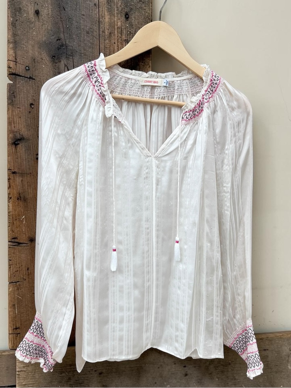 Johnny Was Ivory Folk Smock Silk Peasant Blouse Size Small Boho Tassels